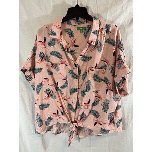 DIP Women’s 2X Pink Flamingo Print Short Sleeve Blouse